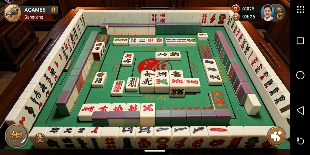 Tampilan gameplay AGAM66 dengan ubin Mahjong yang berwarna-warni.