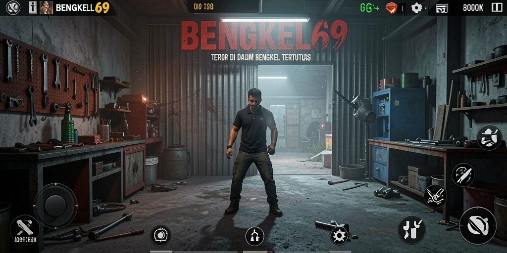 Screenshot gameplay BENGKEL69 dengan suasana mencekam di bengkel.