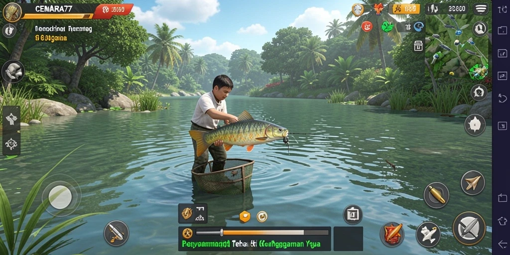 Screenshot menunjukkan aksi memancing yang mendebarkan dalam CEMARA77.