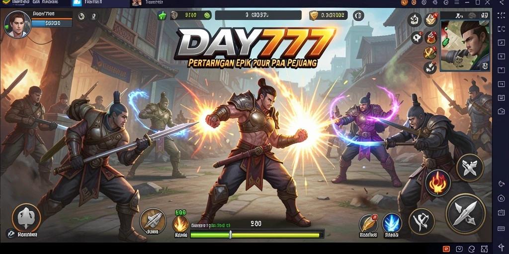 Gameplay DAY777 menunjukkan karakter bertarung dengan gerakan dinamis dan efek visual yang menarik.