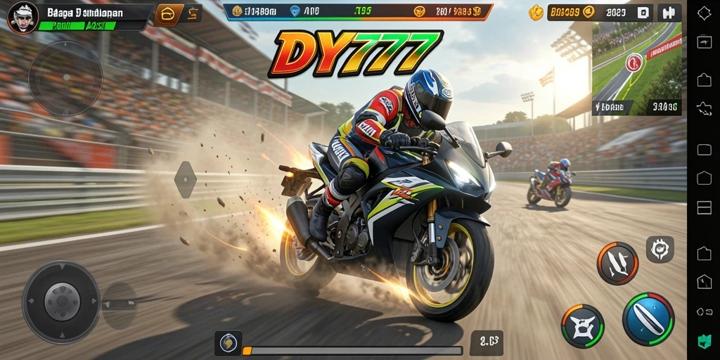 Tampilan utama gameplay DY777 yang memukau dan penuh aksi balapan motor.