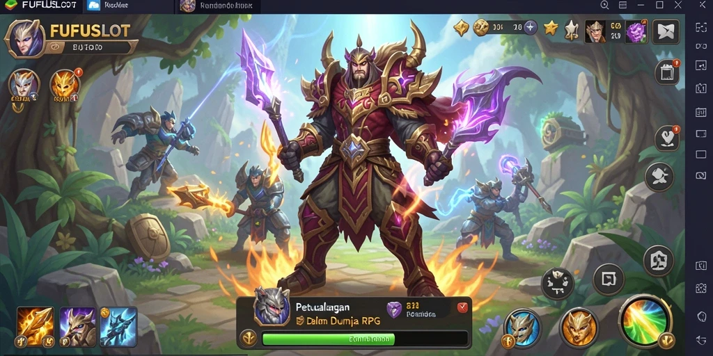 Screenshot gameplay FUFUSLOT yang menampilkan pertempuran epik dan karakter unik.