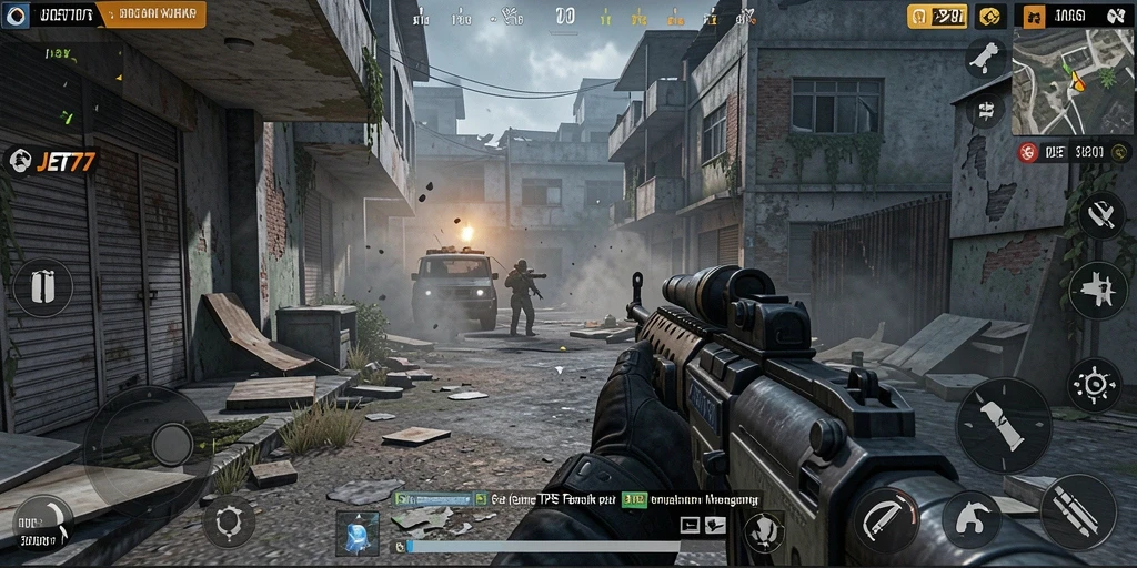 Tampilan aksi menegangkan dalam game TPS JET77.