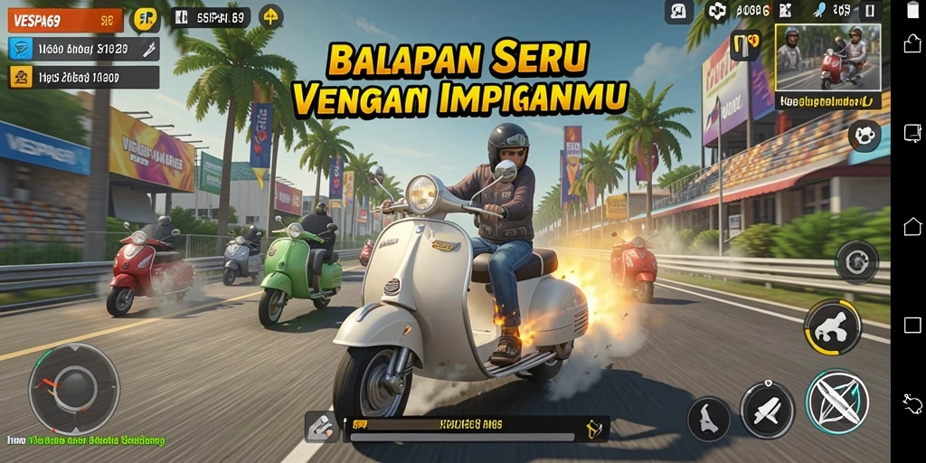 Screenshot gameplay VESPA69 menunjukkan aksi balapan yang mendebarkan.